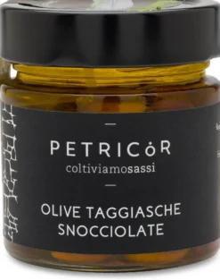 Entsteinte Taggiasca-Oliven in Olivenöl
